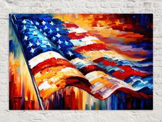 an american flag painting on a brick wall