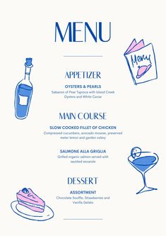 a menu with different types of food and drinks