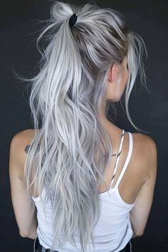 Silver Tipped Hair, Bright Silver Hair, Grey Hair With Peekaboo Color, Light Colored Hair Ideas, Gray Blonde Hair Color, Platinum Blonde Hair With Roots, White Blonde Long Hair, White Hair Dark Roots, Silver Hair Bangs