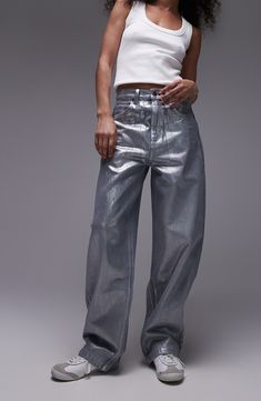 Turn heads in these silver-foil-coated jeans made with nonstretch denim and baggy, full-length legs. 27" inseam; 18" leg opening; 14" front rise; 16 1/2" back rise (size 32) Zip fly with button closure Five-pocket style 100% cotton Machine wash, line dry Made in Turkey Metallic Straight Leg Jeans With Five Pockets, Silver Straight Leg Casual Pants, Casual Silver Straight Leg Pants, Modern Metallic Straight Leg Pants, Metallic Straight Leg Denim Jeans, Metallic Straight Leg Pants With Five Pockets, Metallic Shiny Straight Leg Bottoms, Metallic Denim Bottoms, Shiny Straight Leg Bottoms For Fall