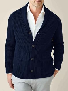 Midnight Blue Chunky Knit Cashmere Cardigan | LUCA FALONI Elegant Wool Cardigan With Shawl Collar, Classic Shawl Collar Sweater For Work, Classic Sweater With Shawl Collar For Work, Knit Shawl Collar Cardigan For Work, Wool Cardigan For Formal Winter Occasions, Classic Fitted Knitted Cardigan, Elegant Cashmere Sweater With Shawl Collar, Elegant Cashmere Cardigan With Shawl Collar, Classic Knit Sweater Coat