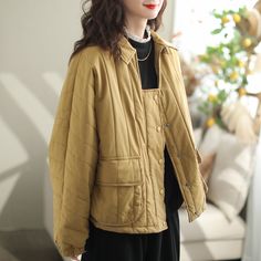 Details: Gender: Women Item Type: Jacket Material: Cotton Pattern Type: Solid Season: Spring, Autumn Style: Leisure, Daily, Retro Occasion: Going Out, Daily Size: One Size Length: 62.00 cm/ 24.41 " Bust: 142.00 cm/ 55.91 " Sleeve: 73.00 cm/ 28.74 " Beige Utility Jacket With Buttons For Winter, Winter Cotton Blazer, Winter Long Sleeve Utility Jacket With Buttons, Solid Casual Quilted Jacket With Long Sleeves, Casual Beige Outerwear With Padded Collar, Quilted Jacket With Padded Collar For Fall Workwear, Fall Quilted Jacket With Padded Collar For Work, Winter Utility Jacket For Workwear With Long Sleeves, Single Breasted Cotton Winter Outerwear