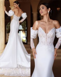 Elevate your bridal elegance with the Moonlight Couture H1589. This luxury wedding dress features a mermaid silhouette in stretch Mikado, adorned with intricate beaded lace appliques and a glamorous illusion open back. Detachable puffed sleeves offer a versatile touch for both formal and semi-formal weddings. #weddingdressinspo #weddingdressideas #weddinglook Semi Formal Wedding, Bridal Elegance, Illusion Tulle, Timeless Luxury, Luxury Wedding Dress, Mermaid Skirt