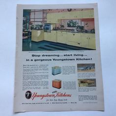 an advertisement for a kitchen with yellow cabinets