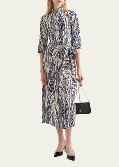 Prada Floral-Print Scarf-Neck Midi Dress - Bergdorf Goodman Flowing Dress, Flowing Dresses, Style Skirt, Lily Of The Valley, Neck Scarves, Bergdorf Goodman, Scarf Print, Three Quarter Sleeves, Skirt Fashion