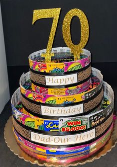 a birthday cake with the number seventy on it's top tier, decorated in gold glitter