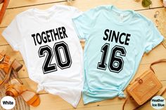 Wedding Anniversary Shirts, Together Since Custom Year Anniversary Shirts, Personalized Anniversary Gift, Married Since Couple Tees, BC0349 DESIGN AVAILABLE on adult tee, youth tee, toddler tee or baby bodysuit. The tees are short sleeve. Please check "Unisex Size" drop-down menu for options. Each product is made to order & printed using DTG (direct-to-garment) technology with high quality ink. Print color options are available (last photo). Please choose light color print for dark colored produ Anniversary T-shirts, White Graphic Print Shirt For Anniversary, White Letter Print Shirt For Anniversary, Casual White Shirt For Anniversary, White Casual Shirt For Anniversary, Wedding Anniversary Shirts, 25th Anniversary Shirts, Anniversary Shirts, Couple Tees