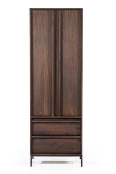 the armoire is made from wood and has two drawers on one side, and an open drawer on the other