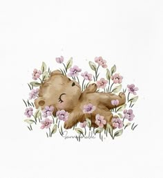 a watercolor drawing of a teddy bear laying in flowers