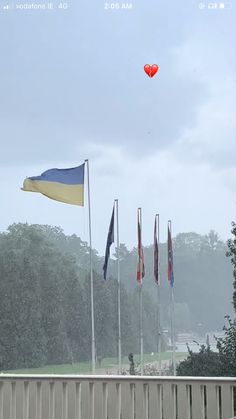 flags blowing in the wind with a red heart shaped balloon flying above them on a cloudy day