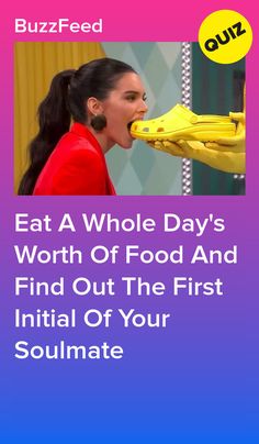 a woman in red shirt and yellow gloves with text that reads eat a whole day's worth of food and find out the first initial of your soulmate