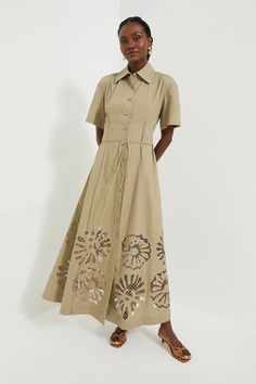 Pale Olive Green Annalise Shirt Dress Luxury V-neck Puff Sleeve Dress With Elastic Sleeves, Bespoke Dress, Timeless Silhouettes, Embroidery Clothes, 2024 Family, Classic Dresses, Embroidered Hem, Beige Dress, Cotton Linen Dresses