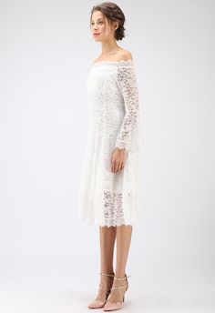 Want to step out looking lovely and leave an unforgettably great impression? This elegant lace off-shoulder dress in ice white is exactly the dress to pull on. Bell sleeves give it the right touch of drama.      - All lace fabric finished  - Off-shoulder design  - Bell sleeves  - Scrolled hemline, cuffs and neck  - Concealed back zip closure  - Lined  - 100% Polyester  - Hand wash cold            Size  Length  Bust  Waist  Shoulder  Sleeves      XS  cm  98  86  76  Free  50      inch  38.5  34  30  Free  19.5      S  cm  99  90  80  Free  51      inch  39  35.5  31.5  Free  20      M  cm  100  94  84  Free  52      inch  39.5  37  33  Free  20.5      L  cm  101  98  88  Free  53      inch  40  38.5  34.5  Free  21            * Our model is 173 cm/5'6" tall and wearing size XS Off Shoulder Lace Dress, Lace Bell Sleeve Dress, Bell Sleeve Dress, Shoulder Sleeve, Lace Fabric, Bell Sleeves, Off The Shoulder, Off Shoulder Dress, Shoulder Dress