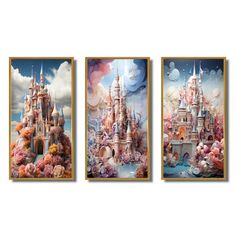 three pictures of disney castle with flowers and clouds in the background, one is pink