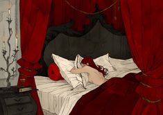 a drawing of a naked woman laying in bed with red drapes on the windowsill