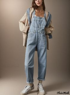 Olivia Mark - Loose-Fit Denim Overall Trousers for Casual Wear Queer Fashion, Short Sleeve Maxi Dresses, Fall Fits, Pant Length, Long Sleeve Jumpsuit, Comfort Wear, Denim Overalls, Light Blue Color, Maxi Dress With Sleeves