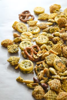 a pile of cheesy snack mix on top of a table