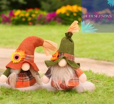 two gnomes sitting in the grass with flowers on their heads