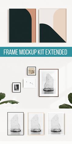 the frame mockup kit extended is displayed on a wall with various frames and plants