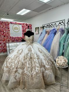 there is a dress on display in the store with other gowns and dresses behind it