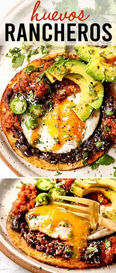 an egg and avocado pizza on a plate with the words keto's rancheros above it