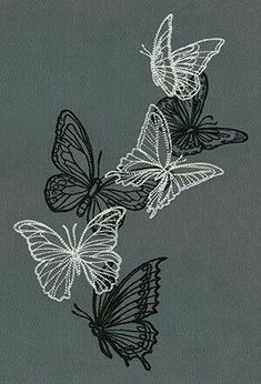 three butterflies on a gray background with black and white trimmings, one flying in the air