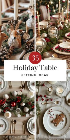 holiday table setting with candles and ornaments