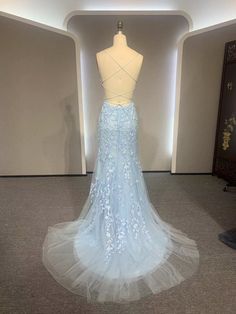 Wholesale Blue Lace Mermaid Dresses Prom Dresses Open Back, Blue Graduation Dresses, Blue Lace Prom Dress, Evening Dress Outfit, Dresses Open Back, Prom Dress Pictures, Purple Evening Dress, Lace Prom Dresses, Backless Evening Dress