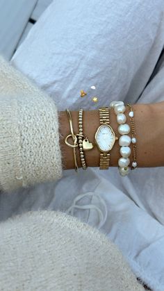 Classy Jewelry Stack, Classic Jewelry Aesthetic, Chic Bracelet Stack, Coastal Granddaughter Bracelets, Cape Cod Bracelet Stack, Everyday Jewelry Stack, Maximalist Bracelet Stack, Jewelry Stack Gold, Bracelet Stack Mixed Metals