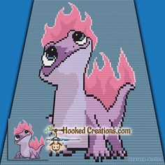 a pink and purple pixellated pony standing in front of a blue background with the word hooked creations on it