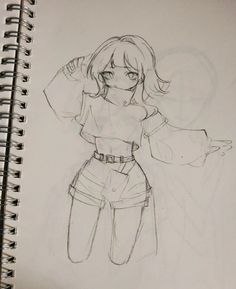 a drawing of a girl with her arms outstretched and hands behind her head, standing in front of a spiral notebook