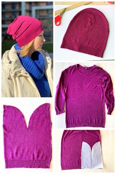 four pictures showing how to make a knitted hat and sweater with the same pattern