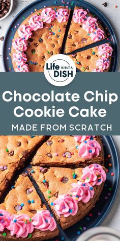 Looking for a fun party dessert everyone will love? Try this homemade cookie cake recipe! It’s the perfect combination of a classic chocolate chip cookie flavor with a beautiful cake presentation featuring homemade buttercream frosting. A perfect easy dessert for a crowd!