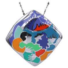 Unique & beautiful Art Jewelry Quality made Enamel Art Replica Pendant Inspired from famous artist Chagall. Sterling Silver 925 - Hand Made in Italy Approx. size 43 x 43 mm ( 1.75' x 1.75' Inch) Slight Imperfections may exist due to Manufacturing process Highly skilled workmanship Weight: 39 Grams Chain not Included +Gift Box Artist Chagall, Enamel Art, Enamel Necklaces, Famous Art, Silver 925 Necklace, Inspired Jewelry, Jewelry Pendant, Pendant Silver, Famous Artists