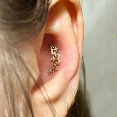 a woman wearing gold ear piercings on her left ear with an ornate design in the middle