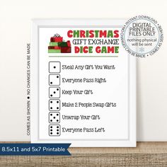 a printable christmas gift exchange game is displayed in front of a white frame on a wooden table