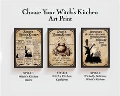 the witch's kitchen art print is shown in three different sizes