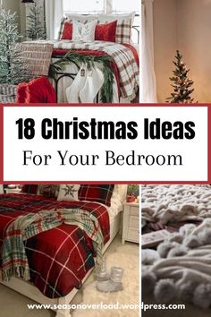 christmas bedroom with red and white bedding, plaid comforter, pillows and blankets