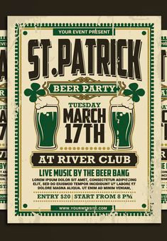 a st patrick's beer party poster with two mugs of beer on it