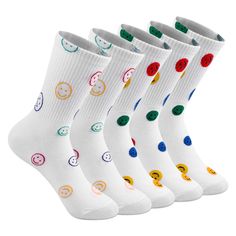 PRICES MAY VARY. What You Get:The package includes 5 pairs of smile face socks , which can satisfy your daily wear and replacement and match your various clothes well. The socks come in a standard US size that fits shoe sizes 5-9 Material: Htlpym crew socks are made of premium cotton,also contains polyester and spandex components. Stretchy, comfortable, lightweight, wearable and sweat-wicking Design features: The cute women socks are printed with smile face pattern. The pattern is adopted embroi White Non-slip Fun Socks, White Fun Non-slip Socks, Fun White Non-slip Socks, Playful White Socks, Smiley Face Socks, Cotton Aesthetic, Aesthetic Socks, Cute Smiley Face, Face Socks