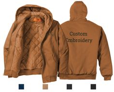 "VOLUME DISCOUNT: Available for this item at our website: https://camelsota.com/CornerStone-Duck-Cloth-Hooded-Work-Jacket-Regular-and-Tall-p488581545 LOGO EMBROIDERY: If you need logo embroidery, please add Logo Digitizing Fee in your cart: https://etsy.me/38E2izc. This is one-time per logo (not per item) fee to digitize your logo file into a stitch file for embroidery and you would not pay for it on your future orders. Logo fee is not required for text embroidery if you use our fonts shown in t Hooded Cotton Outerwear With Embroidery, Hooded Cotton Embroidered Outerwear, Winter Cotton Outerwear With Custom Embroidery, Embroidered Cotton Hooded Outerwear, Winter Embroidered Hooded Outerwear, Custom Embroidered Cotton Outerwear For Fall, Hooded Embroidered Fall Outerwear, Cotton Outerwear With Custom Embroidery For Fall, Text Embroidery