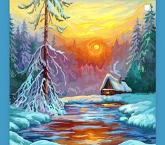 a painting of snow covered trees and a cabin in the distance with sun setting behind it