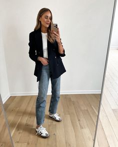 Pinstripe Wool Twill Double … curated on LTK Blazer And Sneakers Outfit, Black Blazer With Jeans, Navy Blazer Outfits, Travel Outfits For Women, Jeans And Sneakers Outfit, Best Travel Outfits For Women, Airport Outfit Ideas, Flight Outfit