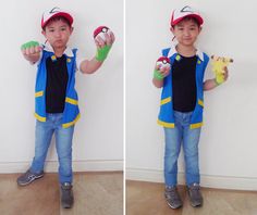 two pictures of a young boy wearing pokemon costumes