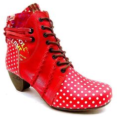 The boot model, which represents a new design, has a very stylish appearance. The boots, which are visually aesthetic with their polka dot pattern, have an unusual heel structure. It can be risky to use this product in winter on snowy or slippery floors. Designed by 4COLORDRESS Popular Boots, Pu Boots, Leather Lace Up Boots, Pu Heels, Boot Types, Leather Boots Women, Women Boots, Round Toe Heels, Polka Dot Pattern