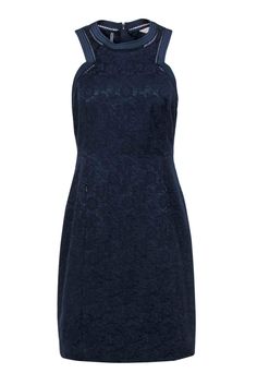 Current Boutique-Rebecca Taylor - Navy Lace Sheath Dress w/ Lattice Trim Sz 4 Elegant Formal Mini Dress With Lace Trim, Elegant Mini Dress With Lace Trim For Formal Occasions, Formal Lace Mini Dress With Fitted Bodice, Elegant Fitted Lace Mini Dress, Dressy Lace Dresses With Lace Trim, Classic Evening Dress With Lace Trim, Fitted Lace Trim Cocktail Dress, Chic Lace Dress For Work, Chic Lace Dress For Workwear