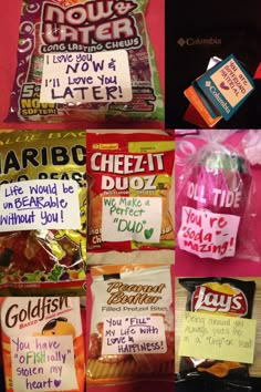 some candy bags with different types of candies in them and the words mardi gras written on them