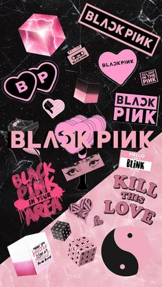 various stickers and decals are shown on a black background, including pink letters