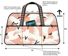 an image of a handbag with birds on it and measurements for the contents inside