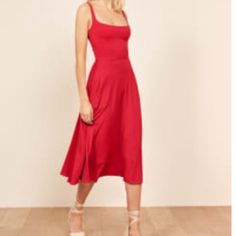 Extra Small Reformation In Lipstick Reformation Christine Dress Red, Red A-line Midi Dress For Brunch, Casual Red Midi Dress For Cocktail, The Reformation, Reformation Dress, Reformation Dresses, Red Dress, Colorful Dresses, The Social